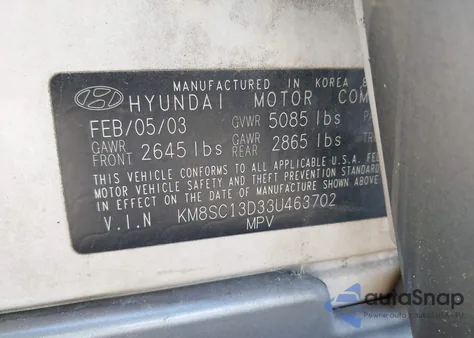 2003 Hyundai Santa Fe Gls/Lx z USA, uszkodzony, nr VIN KM8SC13D33U463702